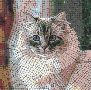 Fluffy Cat Mosaic Art – Serene Blue-Eyed Portrait