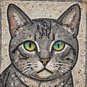Grey Cat with Green Eyes Mosaic Art