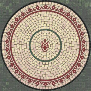 Circular Geometric Mosaic with Red Trident Symbol