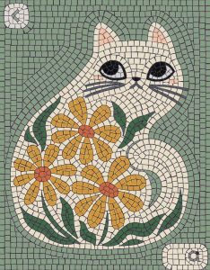 Cute Mosaic Cat with Yellow Flowers Art