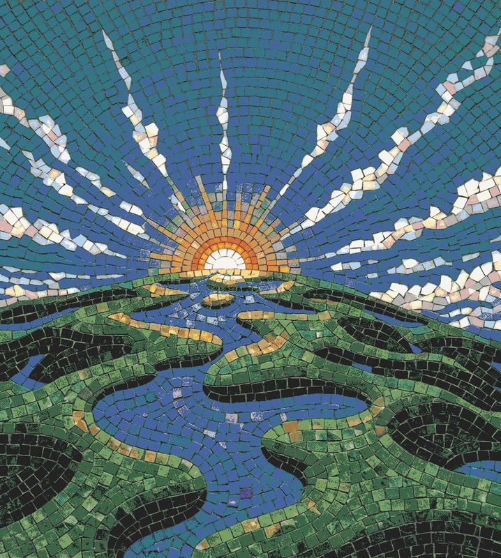 Radiant Sunrise over Winding River Mosaic Art