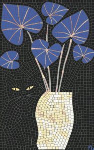 Mysterious Cat and Blue Leaves Mosaic Art