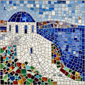 Greek Landscape Mosaic Art – Blue Dome & White Walls