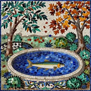 Florentine Mosaic Art: Sturgeon in Autumn Pond
