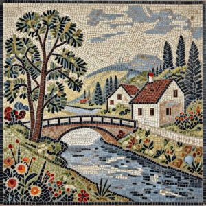 Rustic Village River Landscape Mosaic Art