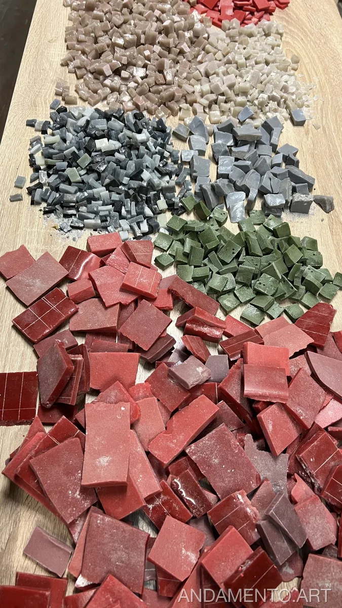 Разноцветная мозаичная плитка (красная, серая, зеленая, бежевая) разложена на столе для мозаичных работ.