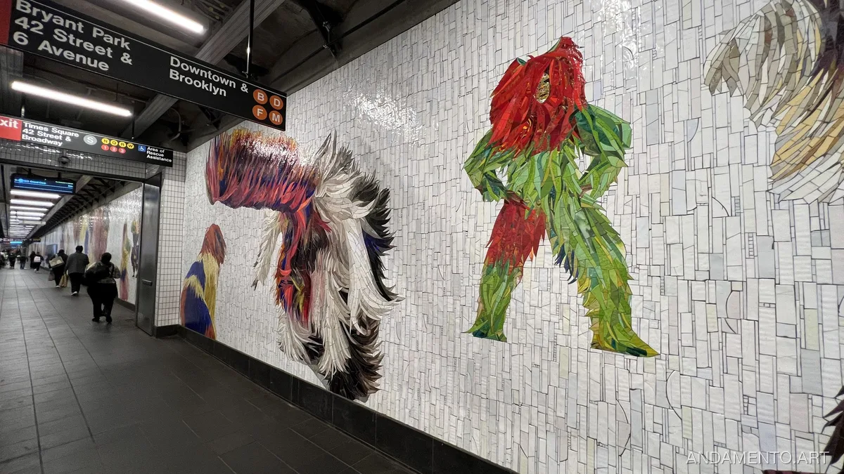 Мозаичное панно на стене станции метро Нью-Йорка Times Sq-42 с яркими абстрактными фигурами.