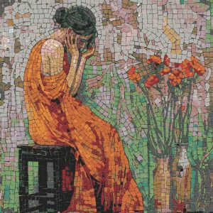 Pensive Woman in Orange Mosaic Art
