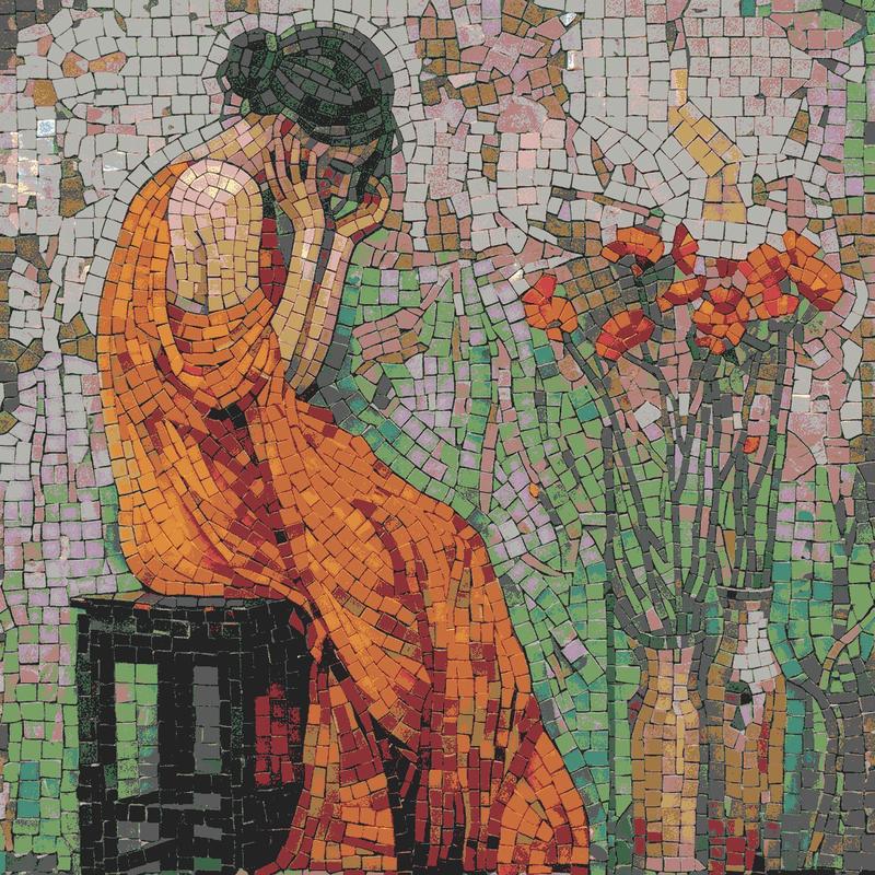 Pensive Woman in Orange Mosaic Art