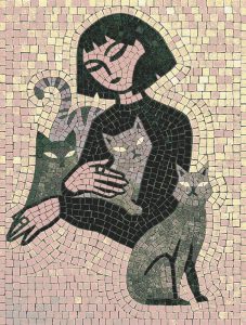 Mosaic Art: Woman and Her Three Cats