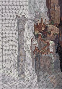 Ancient Cliffside City Mosaic Art