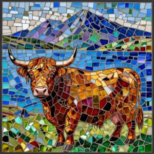 Highland Cow Mosaic Art – Scottish Landscape