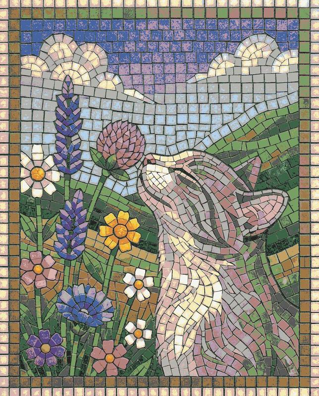 Cat in Flowers Mosaic Art - Serene Nature Scene