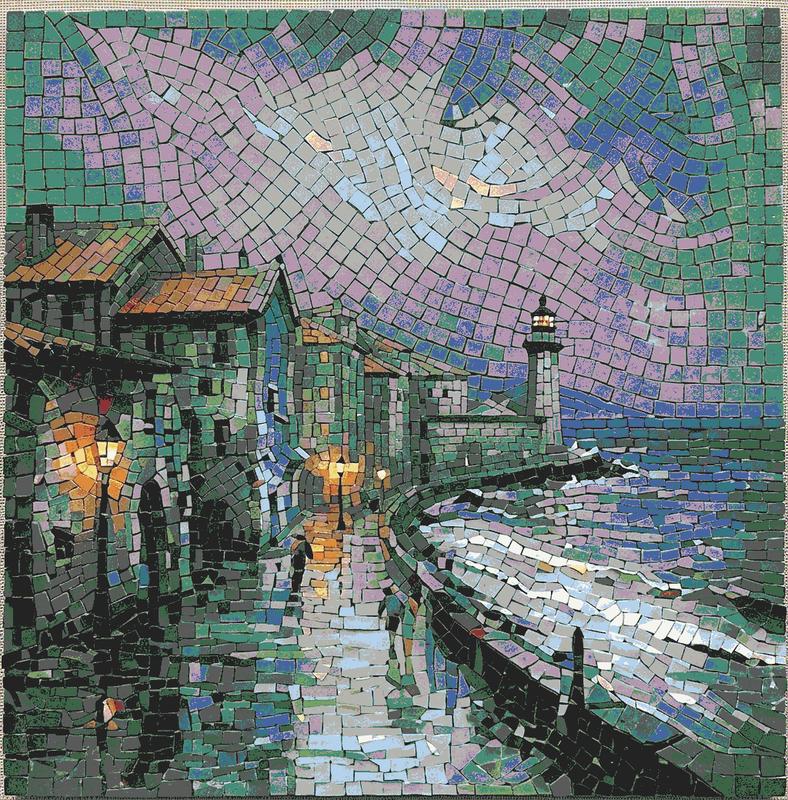 Twilight Coastal Village Mosaic Art