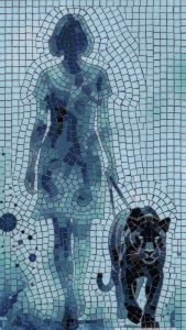 Blue Mosaic: Woman Walking a Panther