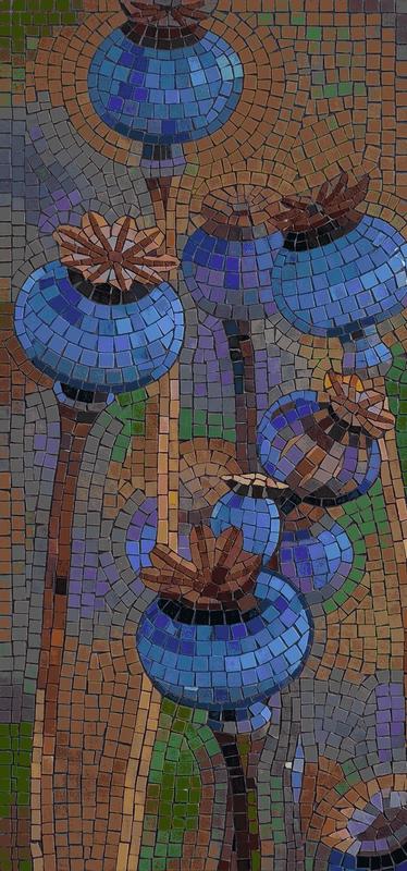 Blue Poppy Pods Mosaic Art - Nature-Inspired Wall Decor