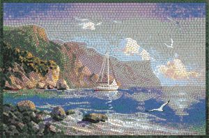 Serene Coastal Sailboat Mosaic Art