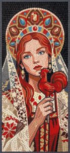 Mosaic Art ‘Girl with a Rooster’ – Traditional Folk Portrait