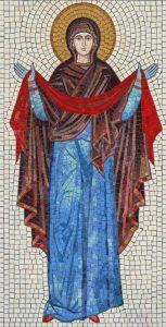 Divine Grace Mosaic Art – Holy Figure in Blue and Red