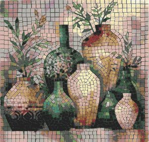 Mosaic Still Life with Elegant Vases and Greenery