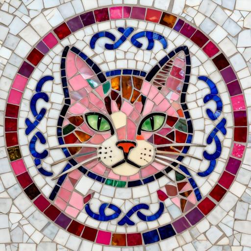 Pink Cat Stylized Mosaic Art - Opus Incertum
