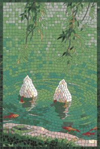 Serene Pond with White Ducks and Koi Fish Mosaic