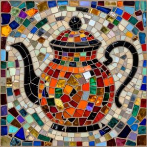 Greek Style Mosaic Teapot – Black and Orange Art
