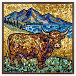 Highland Cow Byzantine Mosaic Art – Scottish Landscape
