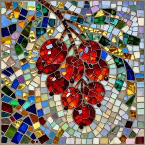 Red Pomegranate Branch Mosaic Art – Opus Incertum Style