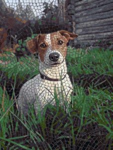 Mosaic Art: Curious Brown and White Dog in Grass