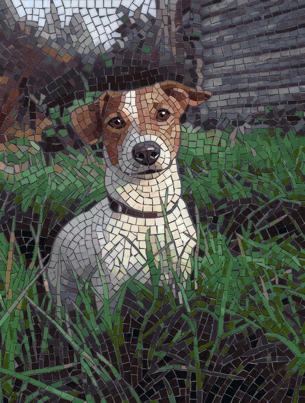 Mosaic Art: Curious Brown and White Dog in Grass