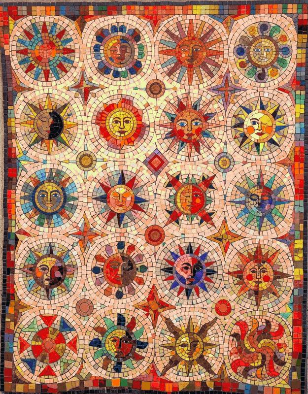 Celestial Suns Mosaic Art - Handcrafted Cosmic Faces