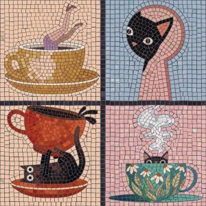 Whimsical Black Cat & Teacups Mosaic Art