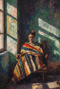 Mosaic Portrait of a Woman in a Colorful Blanket