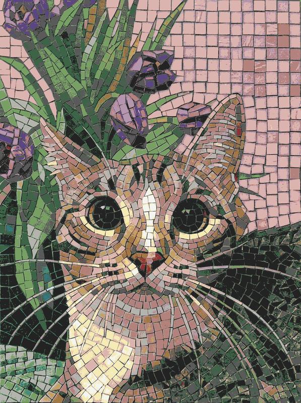 Mosaic Art: Curious Cat with Purple Flowers