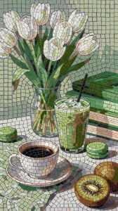 Morning Serenity Mosaic Art – White Tulips & Coffee