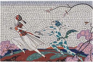 Whimsical Blue Cat and Woman Mosaic Art