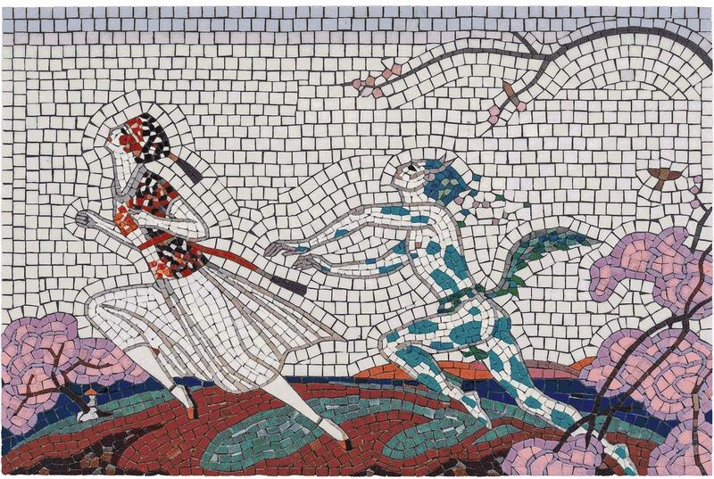 Whimsical Blue Cat and Woman Mosaic Art