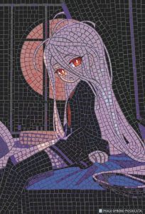 Anime Girl with Red Moon Mosaic Art