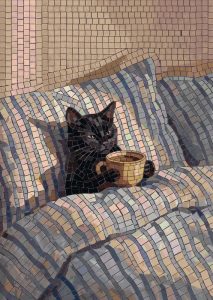 Grumpy Black Cat with Coffee Mosaic Art