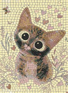 Cute Mosaic Cat with Hearts Art