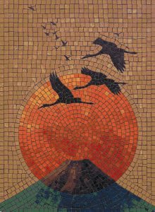Sunset Flight Mosaic Art – Birds over Mountain