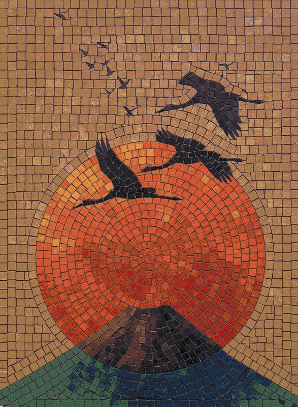 Sunset Flight Mosaic Art - Birds over Mountain