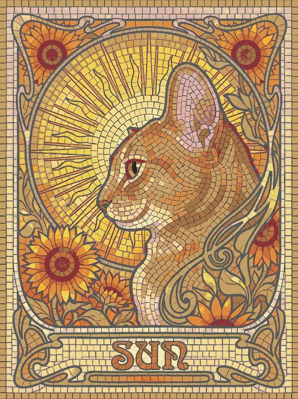 Golden Cat and Sun Mosaic Art - Art Nouveau Style