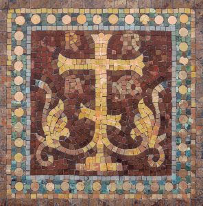 Golden Classical Cross Mosaic Art – 42×42 cm