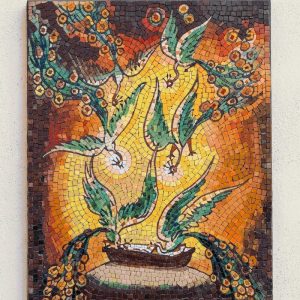 Radiant Flight Mosaic Art – Green Birds and Golden Sky