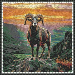 Majestic Ram Mosaic Art – Sunset Mountain Landscape