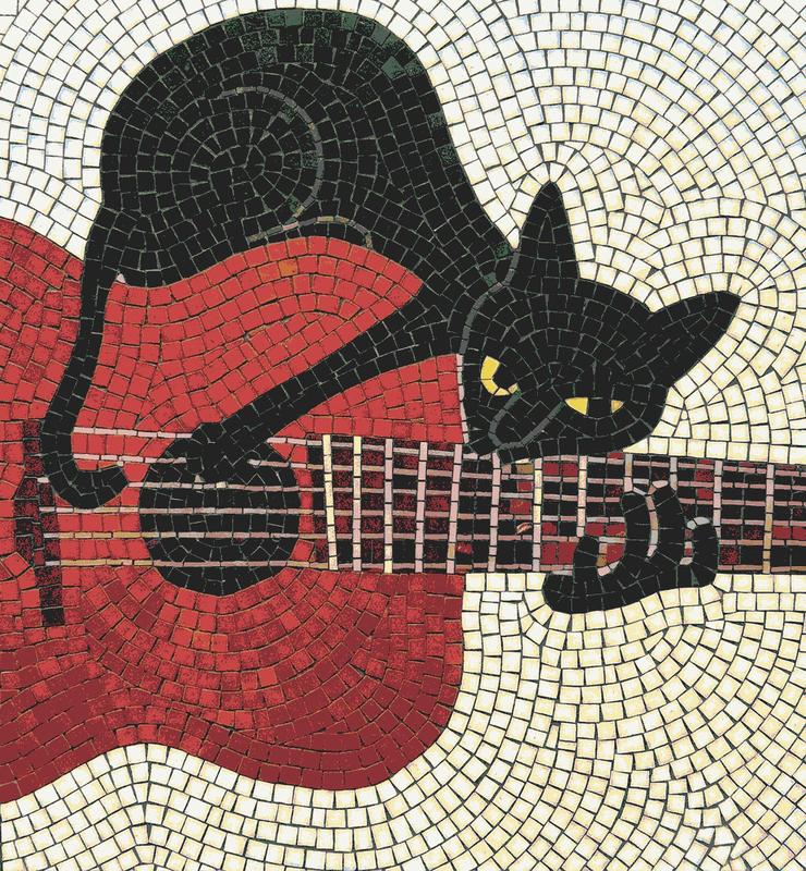 Black Cat Playing Red Guitar Mosaic Art