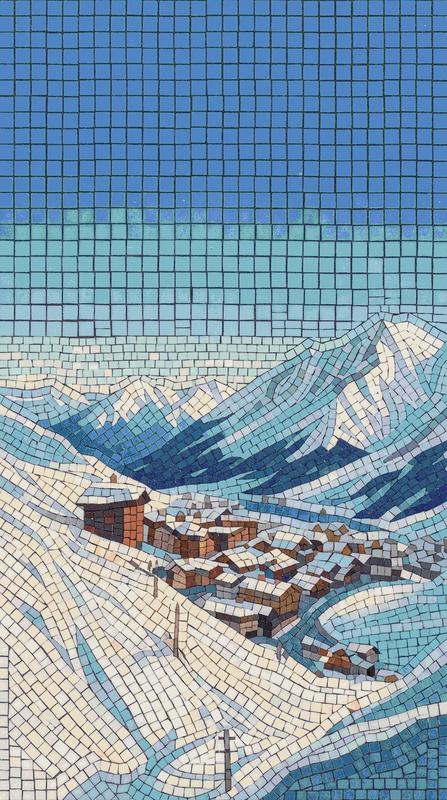Snowy Mountain Village Mosaic Art