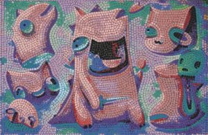 Abstract Mosaic Cats – Surreal Pink and Blue Art